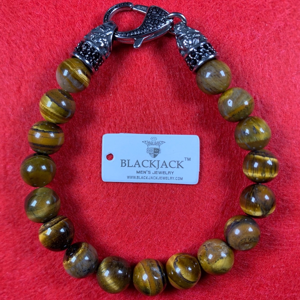 Mens Tiger Eye Stainless Steel Beaded Bracelet